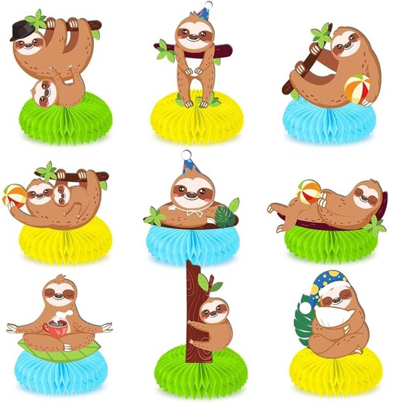 Sloth Kawai Party Centerpieces Decorations w/ Green Honeycombs 9pcs (SKU: 45MI) - Picture 1 of 5